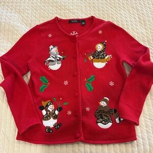 Crystal Kobe Vintage Red Holiday Snowman Cardigan Sweater XL